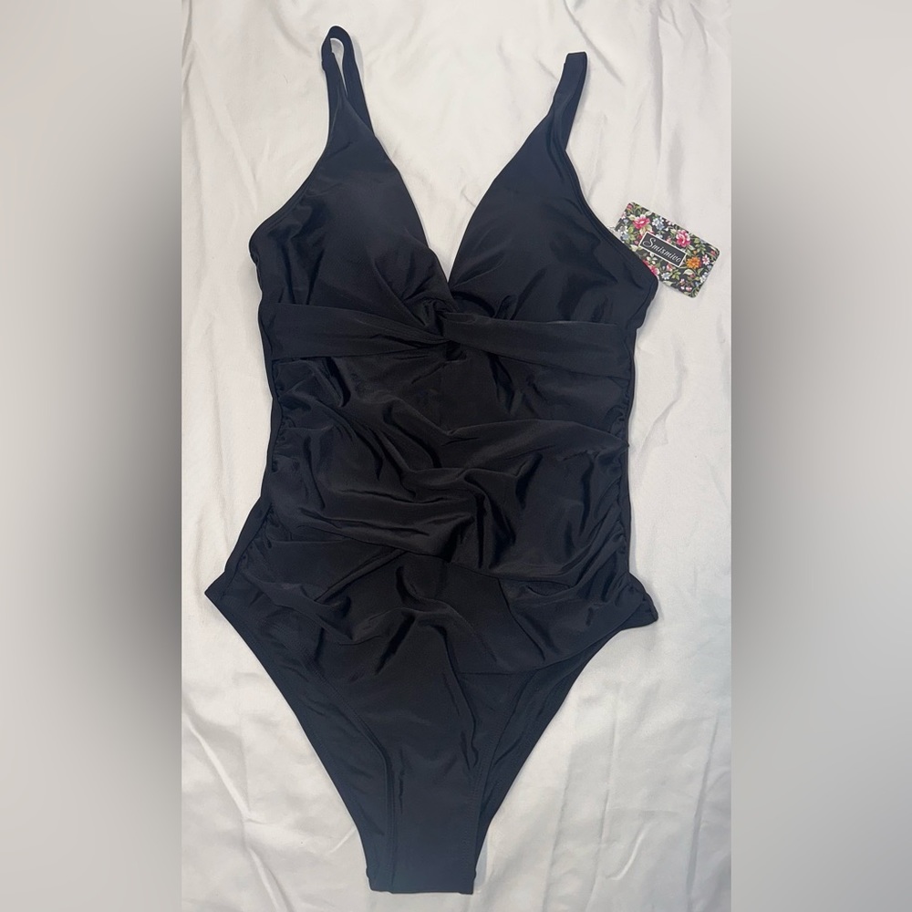 Smismivo Womens Large Black One Piece V-Neck Stretchy Swimsuit Swimwear